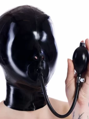 Latex hood with inflatable gag, without eye openings